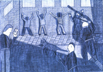 1 v.d. laatste tekeningen vanuit N'sluis: Stop policeraids, stop deportations!