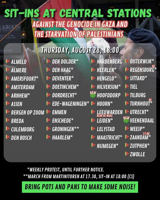Stop genocide - Stop uithongering Gaza Sit-ins train stations donderdag 28/8