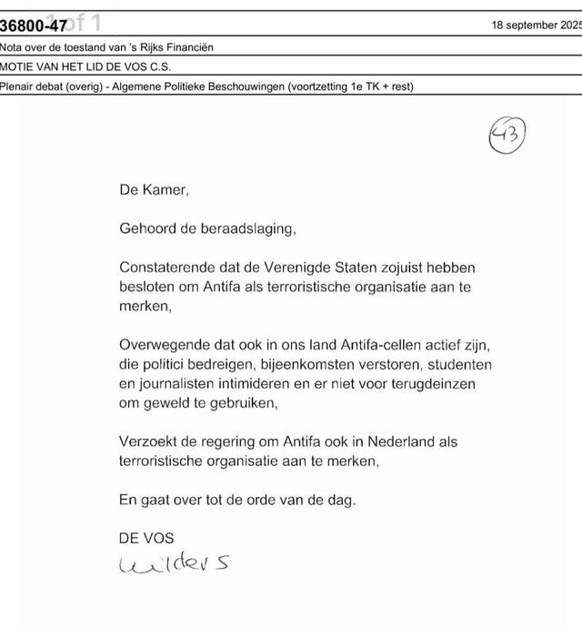 Motie de Vos 18 september 2025 Screenshot van motie om Antifa tot terroristische organisatie aan te merken.